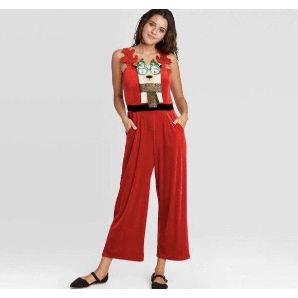 Womens Red Velvet Reindeer Christmas Jumpsuit Size XL Overalls Festive Novelty - Picture 1 of 1
